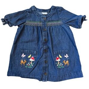 Hanna Andersson Denim Button Embroidered Dress 75 HTF mushrooms